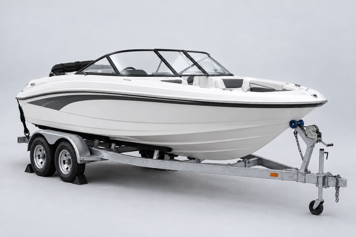 Boat secured on a trailer for transport.